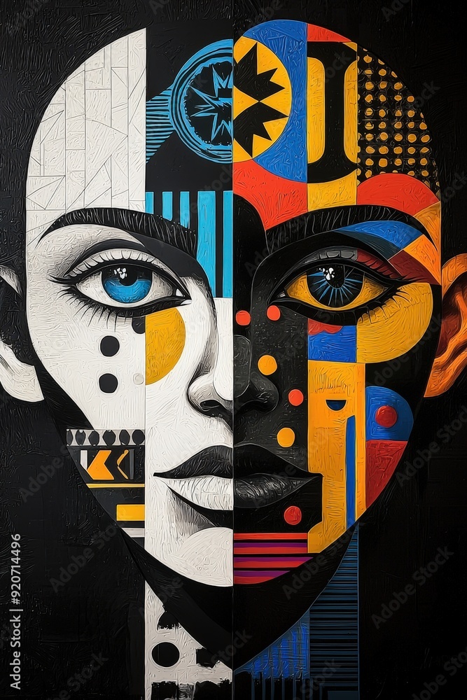 Fototapete A striking mural features a split-faced design, merging bold colors and intricate patterns, emphasizing artistic expression in a dynamic urban environment