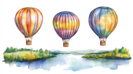 Fototapeta premium Watercolor illustration of hot air balloons flying over the Rio Grande, scenic and serene, isolated on white background