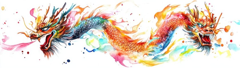 Watercolor illustration of a dragon dance during MidAutumn Festival, dynamic and colorful, isolated on white background