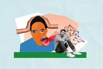 Absurd caricature collage picture of stressed thoughtful man and woman touch head depression fail...