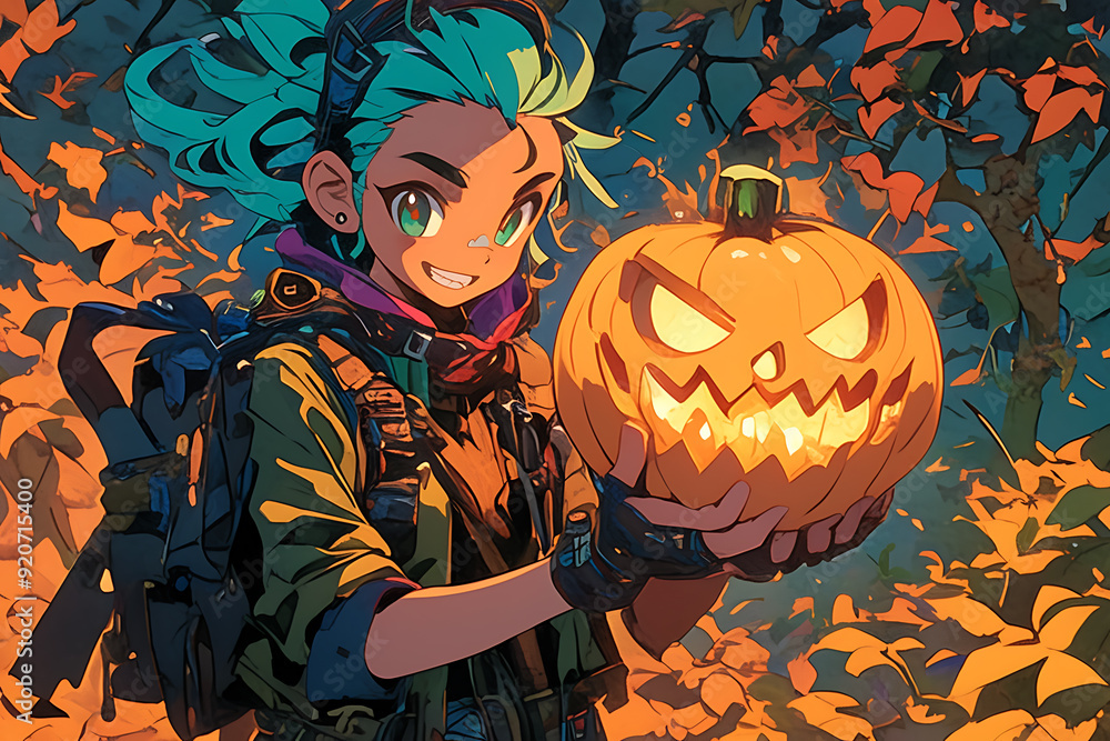 Poster hacker at a computer with a halloween pumpkin instead of a head, representing a spooky online hallow