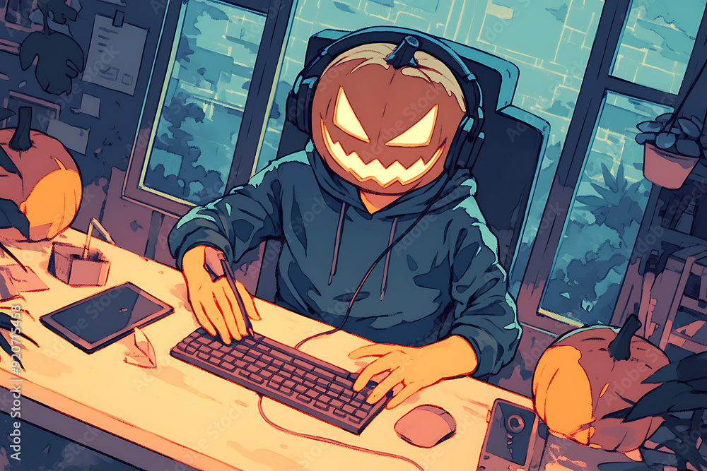 Poster hacker at a computer with a halloween pumpkin instead of a head, representing a spooky online hallow