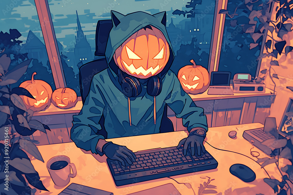 Poster hacker at a computer with a halloween pumpkin instead of a head, representing a spooky online hallow