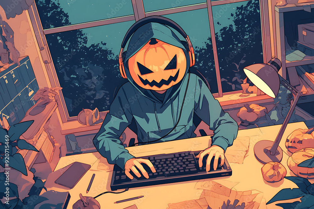 Poster hacker at a computer with a halloween pumpkin instead of a head, representing a spooky online hallow