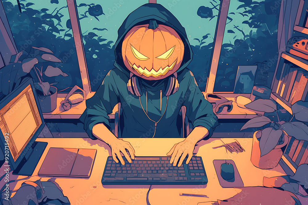Poster hacker at a computer with a halloween pumpkin instead of a head, representing a spooky online hallow