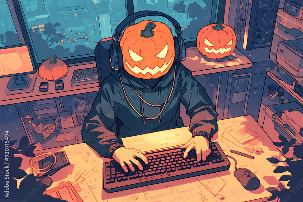 Poster hacker at a computer with a halloween pumpkin instead of a head, representing a spooky online hallow