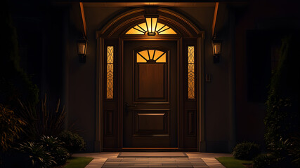 Fototapeta premium Luxury vintage wooden door of residential house, slightly opened and a huge glow is shining in from outside the house at night. Generative AI