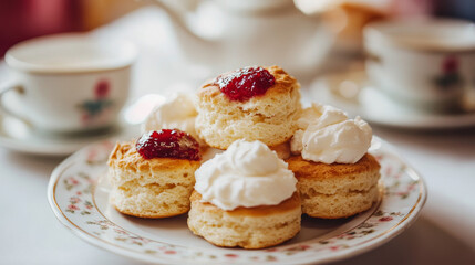"Scones: delicious baked goods typically served with clotted cream and jam."