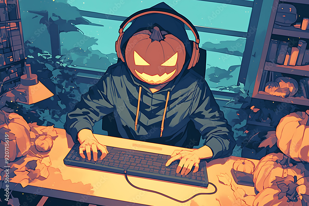 Poster hacker at a computer with a halloween pumpkin instead of a head, representing a spooky online hallow