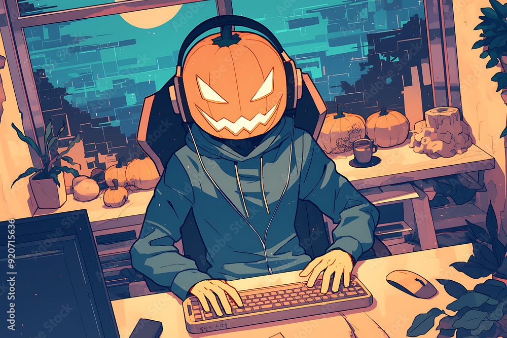 Poster hacker at a computer with a halloween pumpkin instead of a head, representing a spooky online hallow