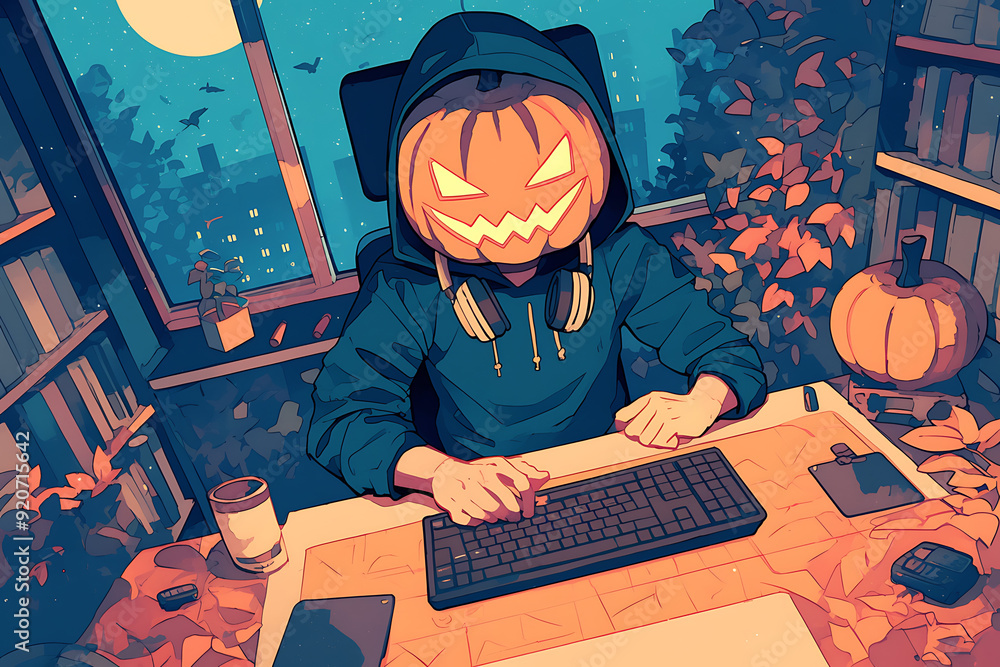 Poster hacker at a computer with a halloween pumpkin instead of a head, representing a spooky online hallow