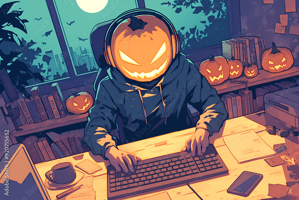 Poster hacker at a computer with a halloween pumpkin instead of a head, representing a spooky online hallow