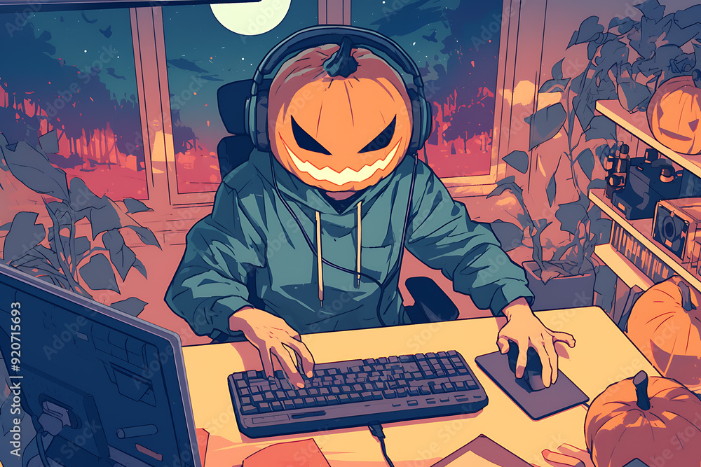 Poster hacker at a computer with a halloween pumpkin instead of a head, representing a spooky online hallow