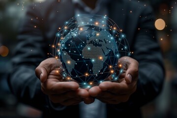 Business man holding abstract connected world globe in hands