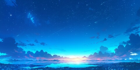 Fototapeta premium Enchanting Anime Twilight Scene: Vibrant Autumn and Summer Skies with Galaxy and Clouds. Captivating Digital Art for Creative Marketing, Book Illustrations, and Seasonal Designs. Magical Landscape in 