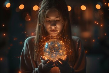 Girl holding abstract connected world globe in hands