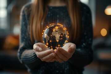 Girl holding abstract connected world globe in hands
