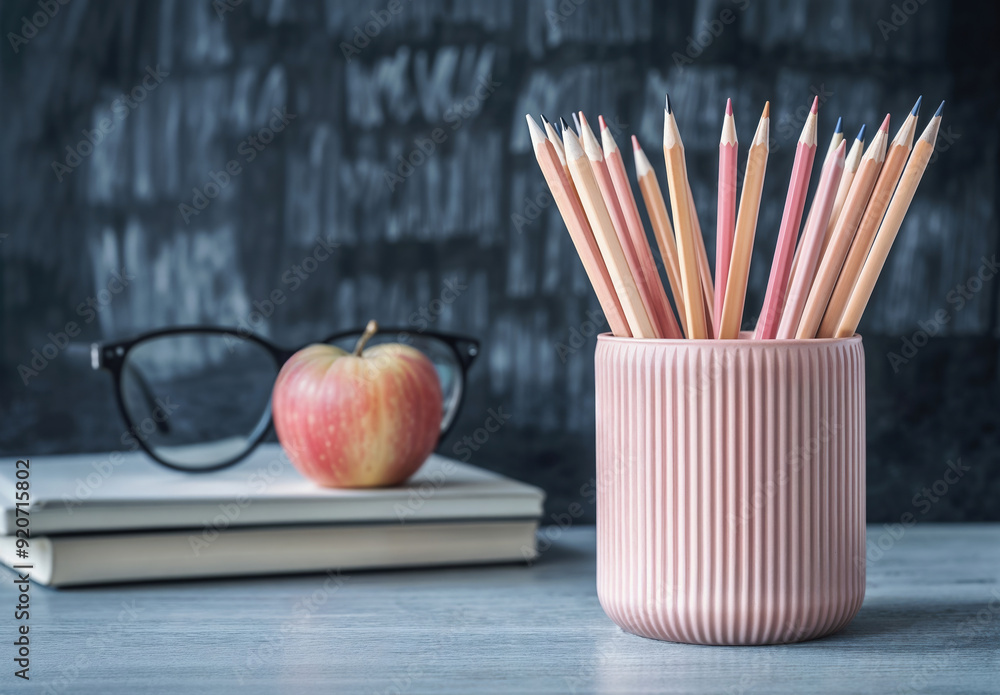 Poster pink container full of colored pencils with an apple and eyeglasses resting on books in front of a b