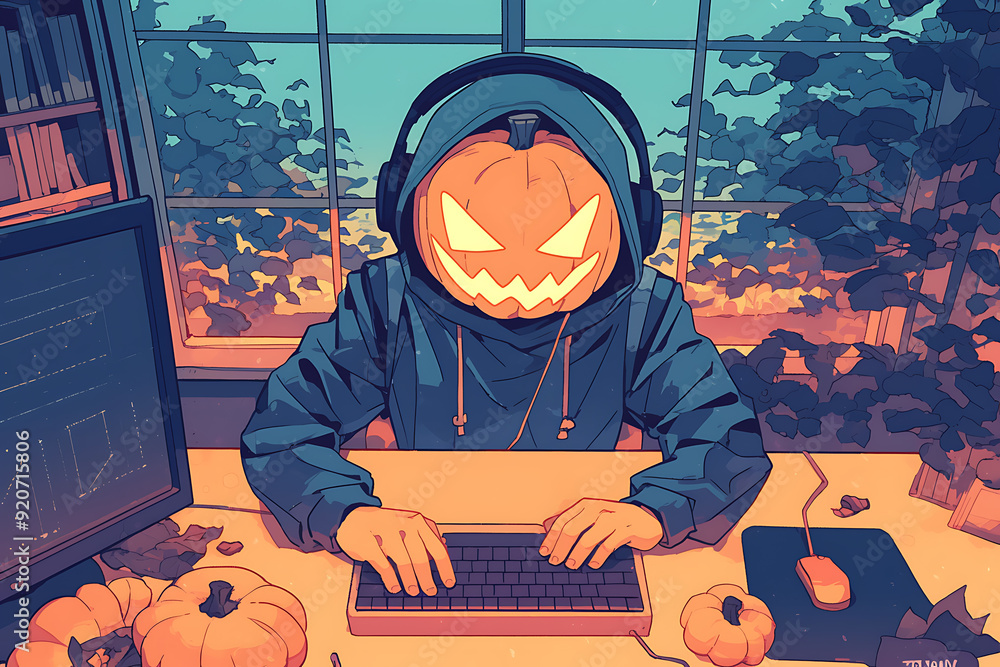 Poster hacker at a computer with a halloween pumpkin instead of a head, representing a spooky online hallow