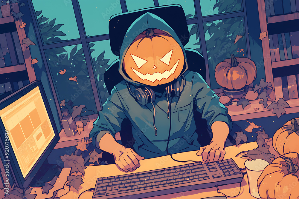Poster hacker at a computer with a halloween pumpkin instead of a head, representing a spooky online hallow