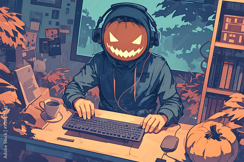 Poster hacker at a computer with a halloween pumpkin instead of a head, representing a spooky online hallow