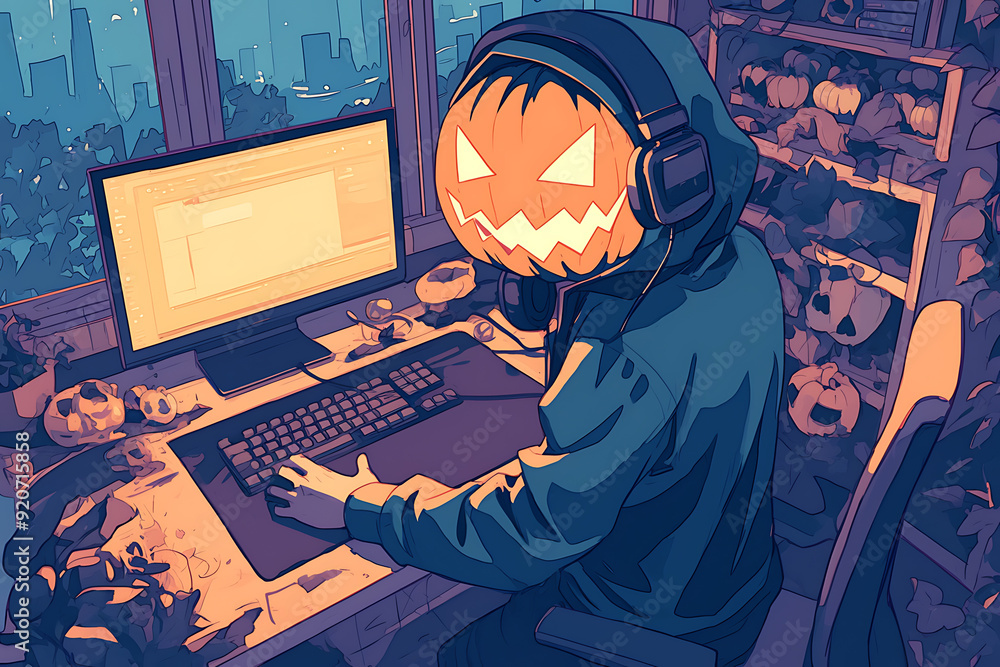 Poster hacker at a computer with a halloween pumpkin instead of a head, representing a spooky online hallow