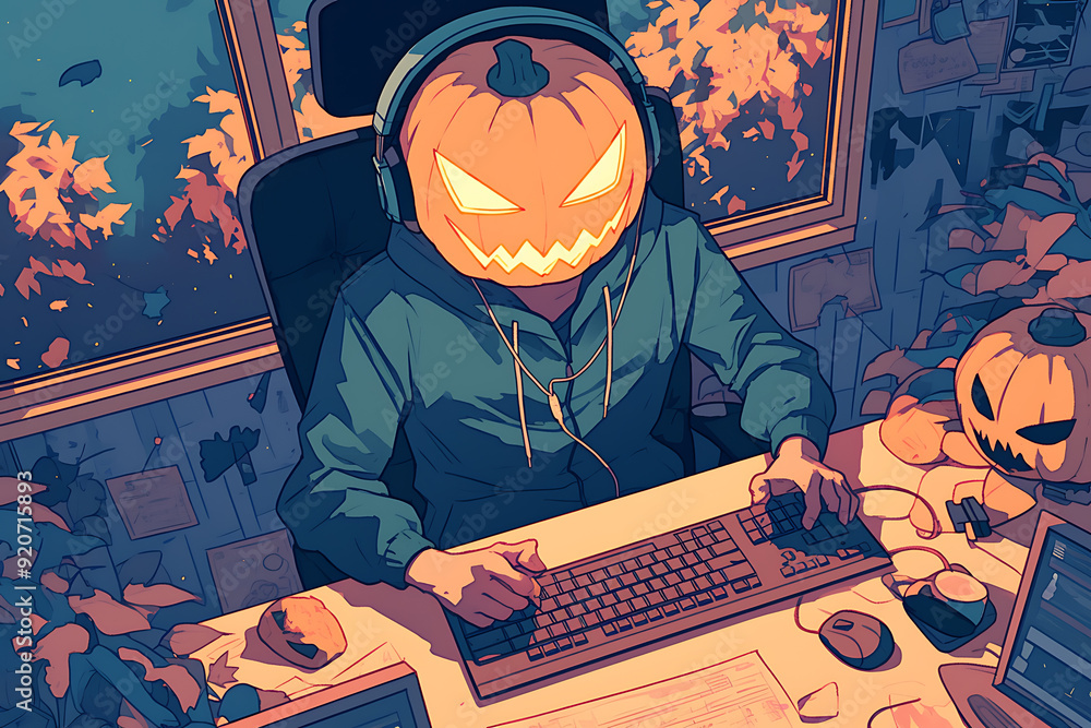 Poster hacker at a computer with a halloween pumpkin instead of a head, representing a spooky online hallow