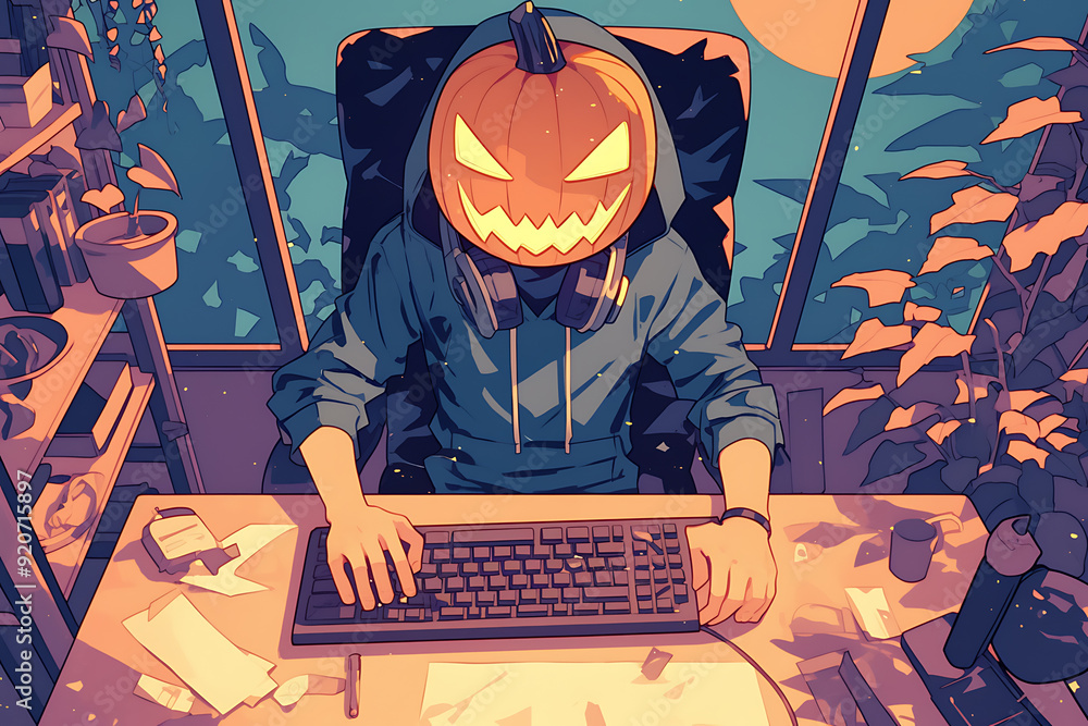 Poster hacker at a computer with a halloween pumpkin instead of a head, representing a spooky online hallow