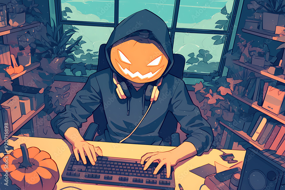 Poster hacker at a computer with a halloween pumpkin instead of a head, representing a spooky online hallow