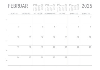 Monat Kalender Februar 2025 Monatskalender Kalenderblatt Kalendarium mit Kalenderwoche Planer DIN A4 Deutsch	