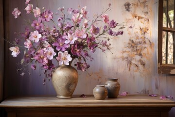 A serene arrangement of purple flowers in vases against an artistic backdrop.