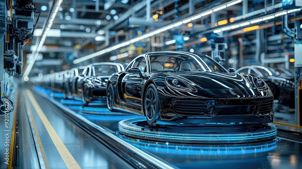 Poster workers focus on assembling sleek electric vehicles in a high-tech manufacturing environment with br