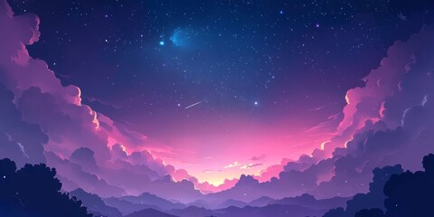 Fototapeta premium Enchanting Anime Twilight Scene: Vibrant Autumn and Summer Skies with Galaxy and Clouds. Captivating Digital Art for Creative Marketing, Book Illustrations, and Seasonal Designs. Magical Landscape in 