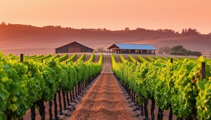 Naklejka premium Vineyard Rows at Sunset.
