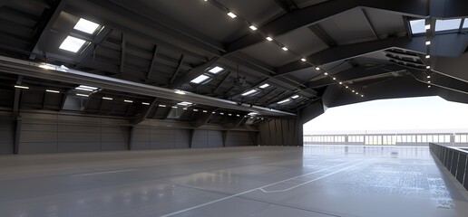 A wide open hangar with an open doorway leading to the runway, featuring a concrete floor, metal beams, and industrial lighting.  This empty space could be used for any number of purposes.