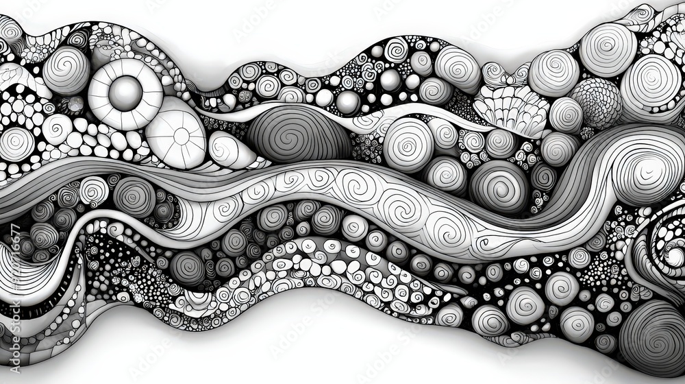 Poster A dynamic array of swirling lines and circular shapes creates a captivating black and white abstract composition
