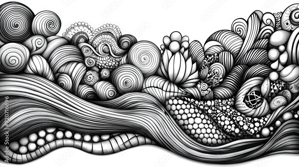 Poster A detailed composition of swirling lines and shapes intertwining in a mesmerizing black and white pattern