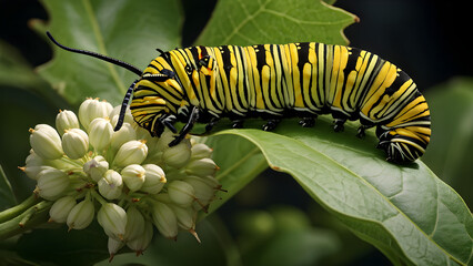 Naklejka premium A monarch caterpillar munching on a milkweed leaf, showcasing the plant’s role in the butterfly’s lifecycle