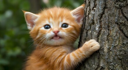 fluffy orange kitten resting beside a tree