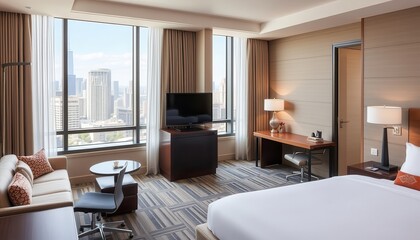 Fototapeta premium Modern hotel room with city view.