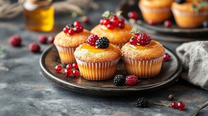 Sweet muffins topped with fresh berries on a rustic wooden plate in a cozy kitchen setting