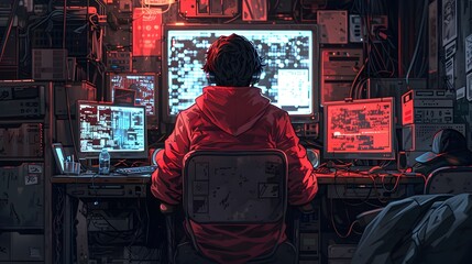 Obraz premium Hacker Sitting in a Computer Server Room, Surrounded by Technology and Code
