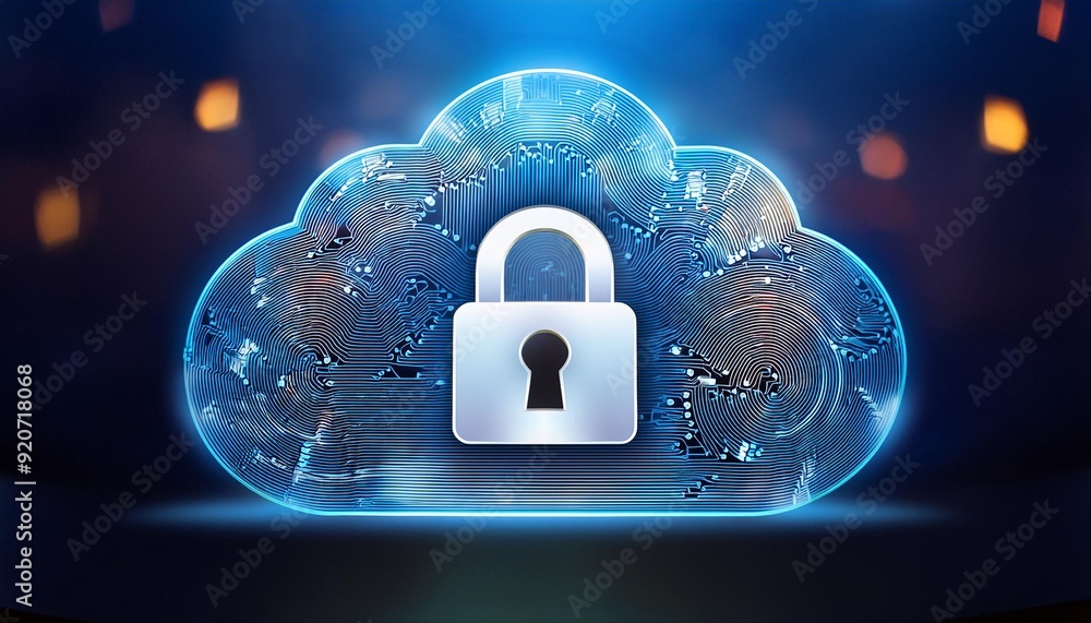 Poster abstract illustration of cloud security services, stylized cloud icon integrated with a secure padlo