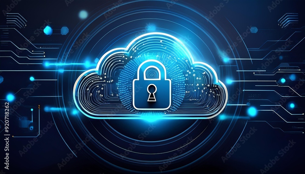 Poster abstract illustration of cloud security services, stylized cloud icon integrated with a secure padlo