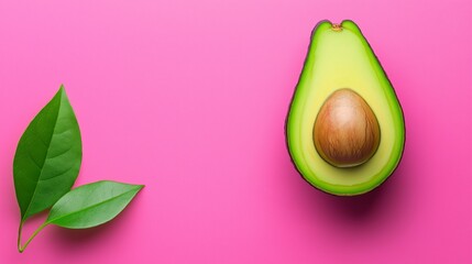 A green avocado sits on a pink background. The avocado is cut in half, revealing its green flesh. Concept of freshness and health, as avocados are known for their nutritious properties