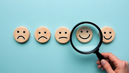 Magnifying Glass Highlighting Smiling Face Among Wooden Emoticons on Light Blue Background