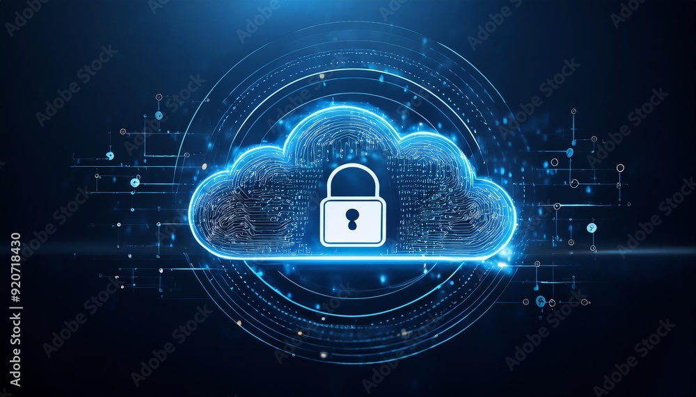 Poster abstract illustration of cloud security services, stylized cloud icon integrated with a secure padlo