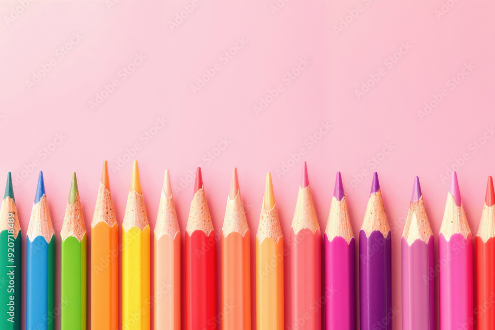 Poster row of colorful pencils forming a lower border on pink background with copy space