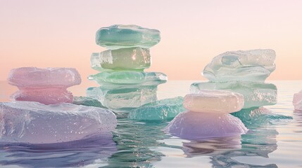 Colorful ice blocks reflect soft hues while floating gently on tranquil water during a peaceful...