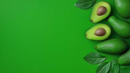A green background with a bunch of avocados on it. The avocados are cut in half and arranged in a row